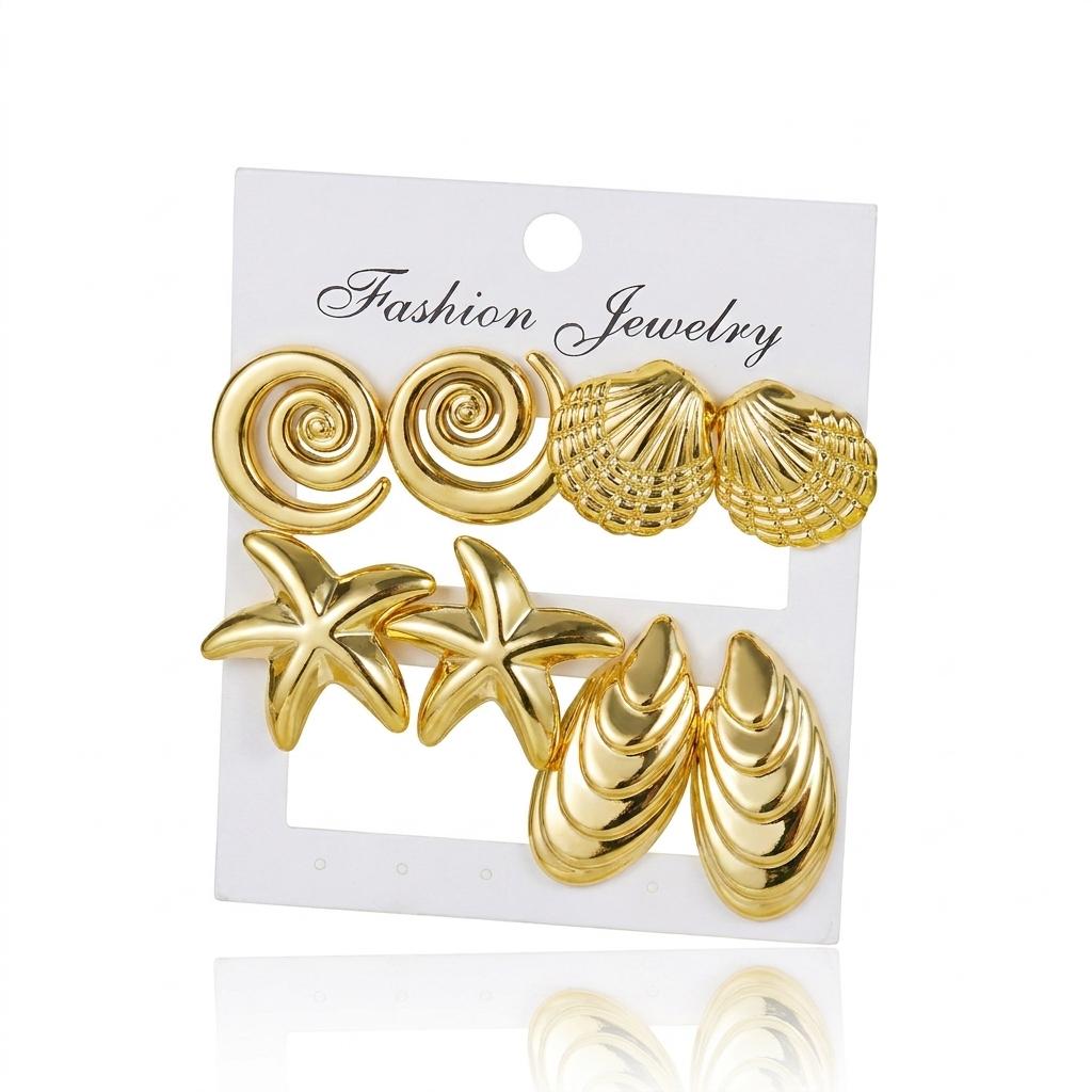 4 Pairs Gold Color Stud Earrings Set for Women Conch Shell Starfish Minimalist Ocean Summer Beach Vacation Fashion Jewelry Gift