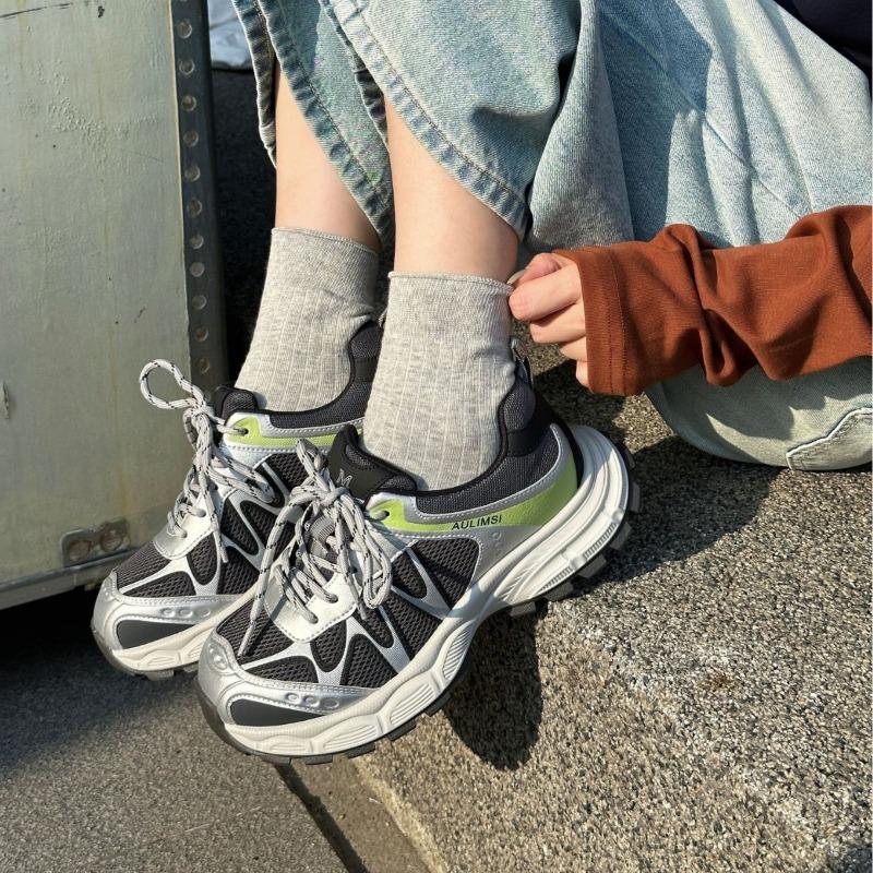 Summer New Leather Fashion Thick-soled Heightening Dad Shoes Women's Versatile Casual Sports Shoes Breathable Mesh Shoes