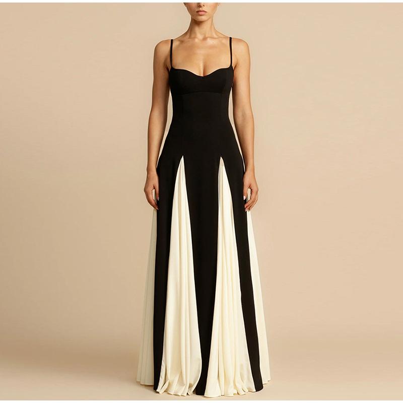 Fashion Contrasting Color Spaghetti Strap Dress for Women Elegant Gauze Backless A-line Long Dresses New Lady Party Evening Dresses