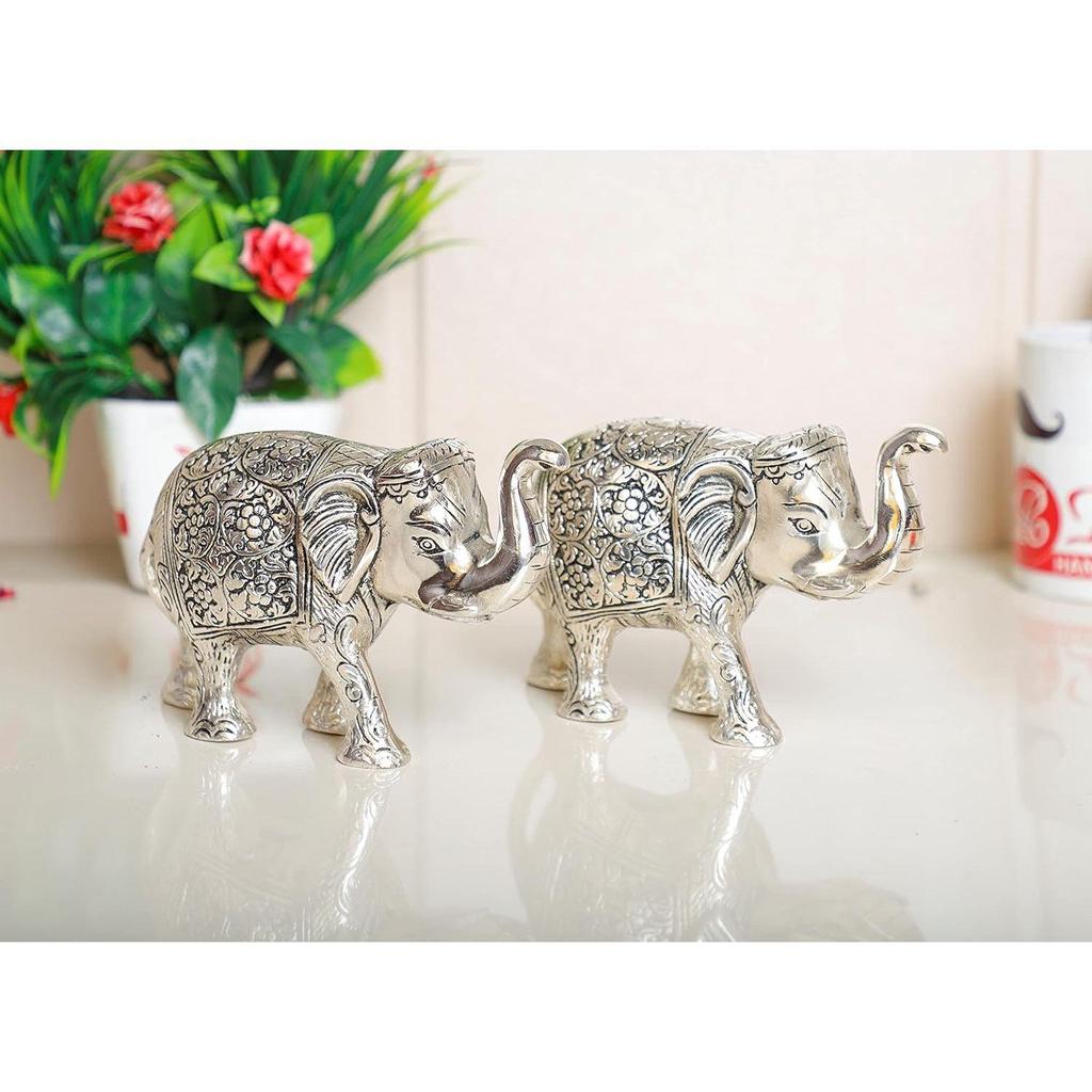 Metal Elephant Polish Set for Showpiece Enhance Your Home, Office, Table Decorative (Silver, Medium) - 2 Pieces