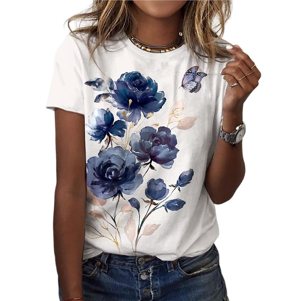 Dámské letní tričko trend květinový potisk retro móda trička s krátkým rukávem ležérní potištěné topy
