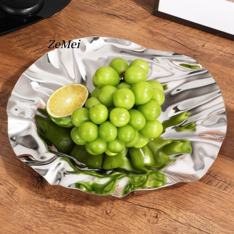 European Style Circle Water Ripples Shape Fruit Plate,Silver Stainless Steel Plate Home Food Tray,Snack Disc Table Decoration