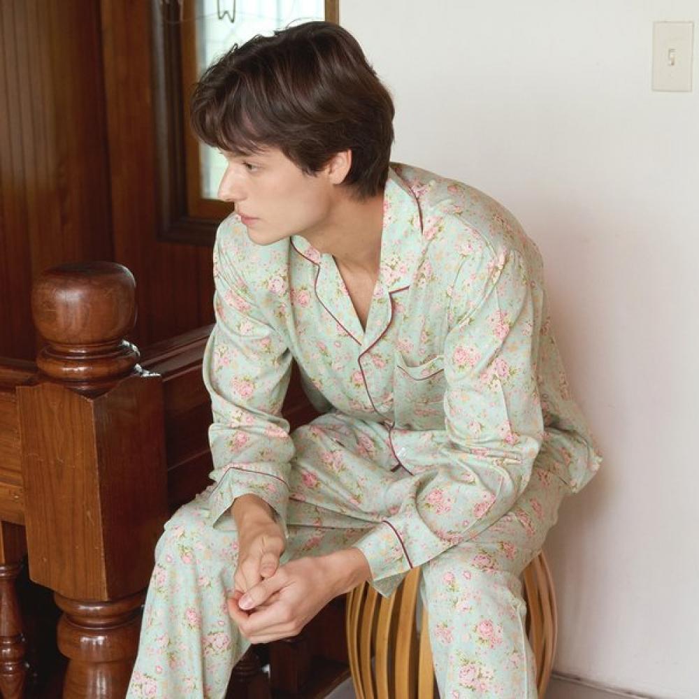 Lunaluz Men S Long Sleeve Collar Neck Modal Cotton pajamaS roSe Duo mint green/95