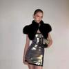Womens Faux Fox Fur Short Puffer Coat With Tie Belt Stand Collar Sleeveless Winter Party Christmas Event