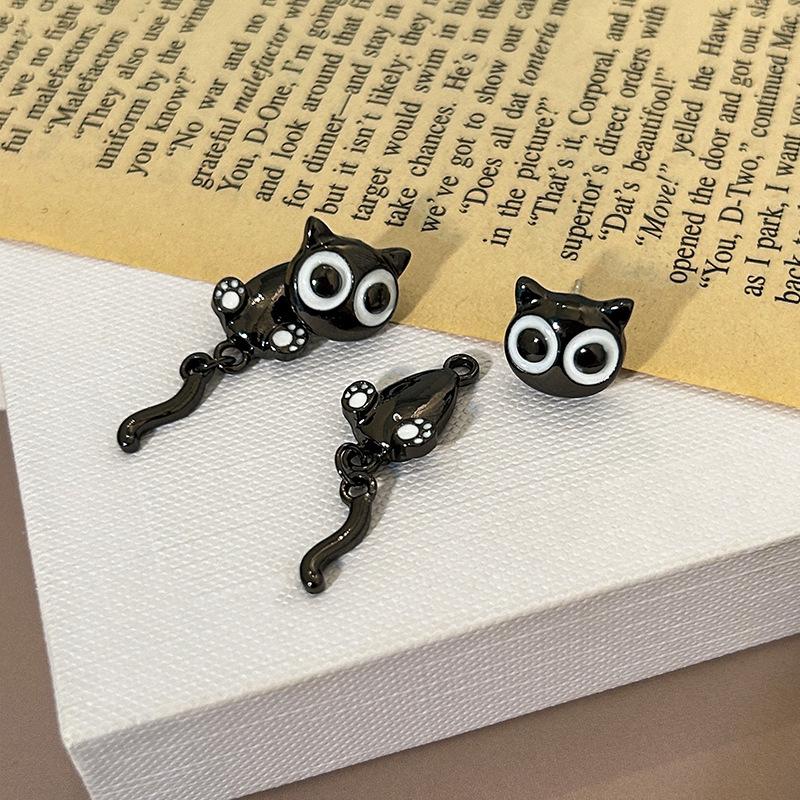 1 Pair Cute Black Cat Drop Earrings Cartoon Big Eyes Swing Tail Fashion Jewelry for Girls Cosplay Daily Wear