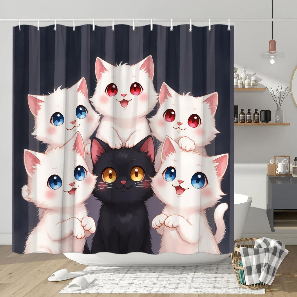 Cute Cats Shower Curtain - Water-Resistant, Easy to Clean, Adds a Playful and Adorable Touch to Your Bathroom Decor