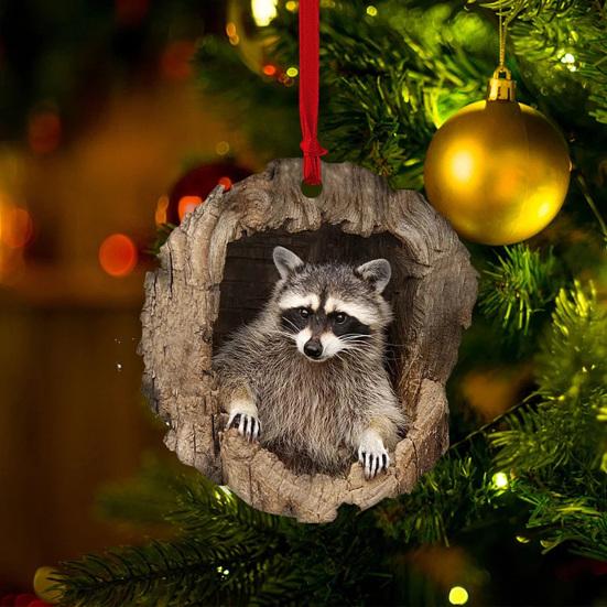 5Pcs Christmas Animal Ornaments 2D Acrylic Cute Wildlife Pendant Raccoon Owl Squirrel Hedgehog Bird Tree Hole Wood Texture Hanging Decorations