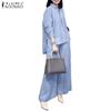ZANZEA Women Long Sleeve Blouse and Pants Stripe Print Casual Two Piece Sets