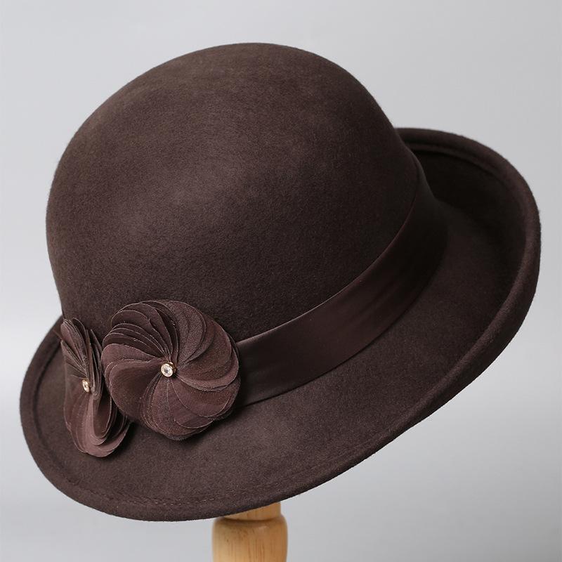 French wool felt hat women's autumn and winter British retro fashion versatile foreign style Hepburn style flower warm top hat