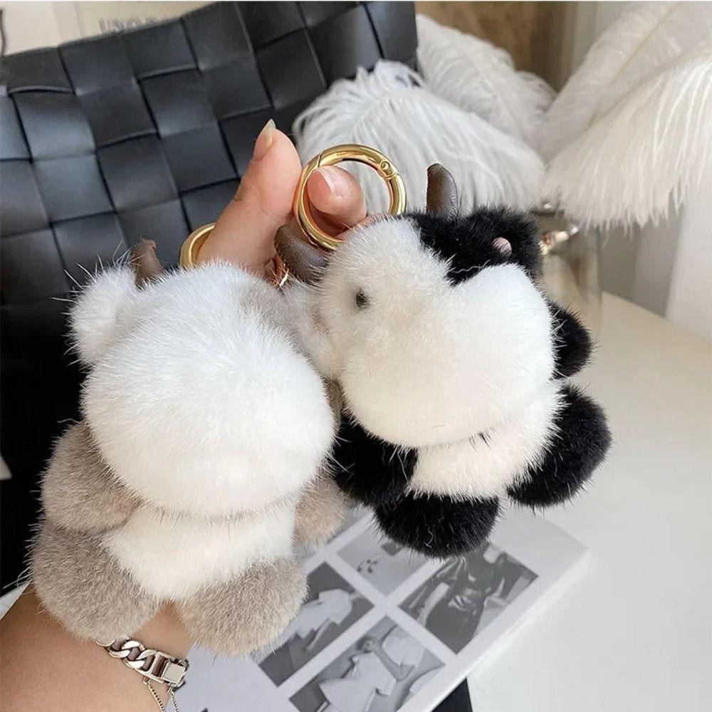 Keyring Long Mane Calf Pendant With Horn Simulation Mink Fur Cow Keychain Bag Decor Soft Cute Animal Keychain Girls