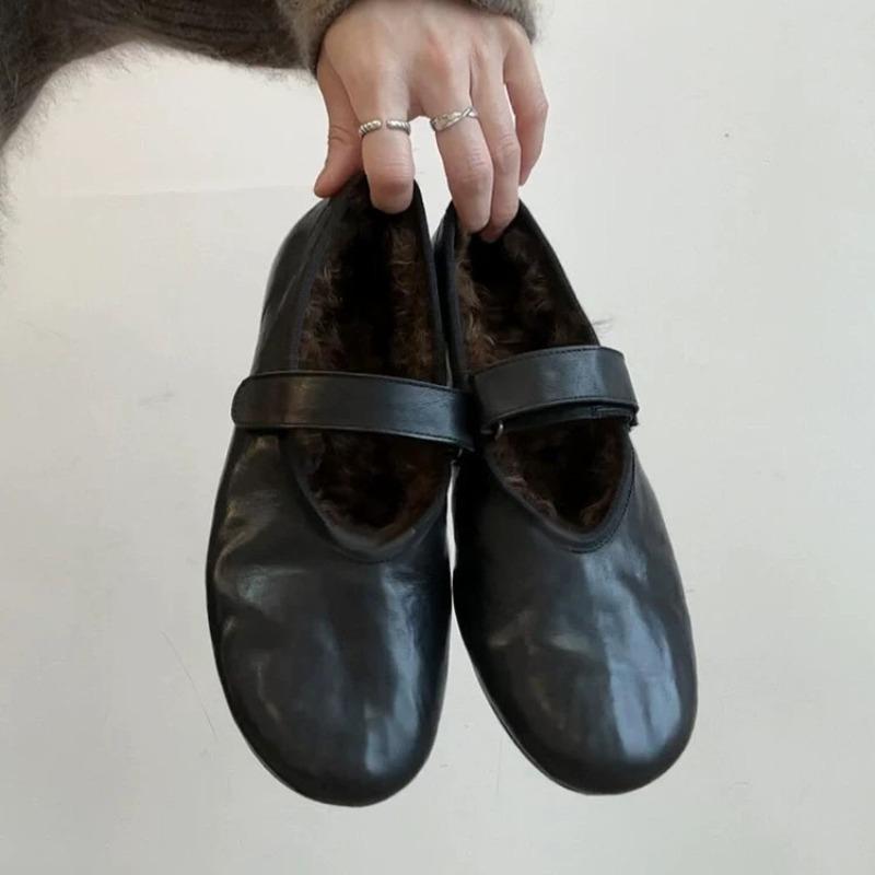 Cowhide version~ retro versatile flat-bottomed comfortable velvet Velcro with Mary Jane shoes women's autumn and winter single shoes