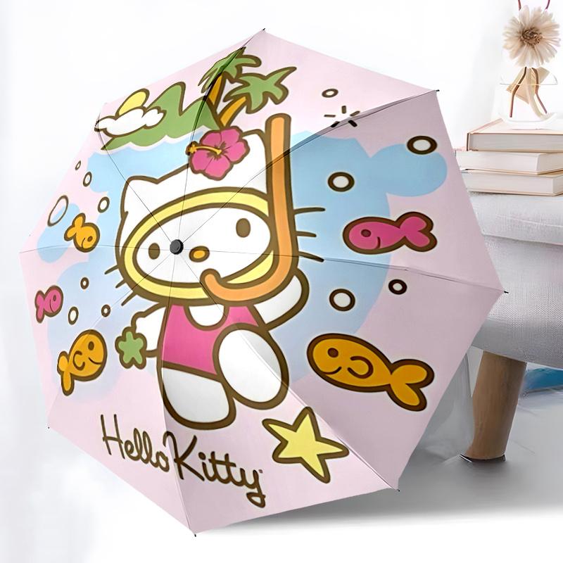1pc Hello Kitty Snorkeling Adventure Automatic Opening/Closing Umbrella - Portable Three-Fold Design with 8-Bone Iron Frame - Outdoor, Gift for Fans,