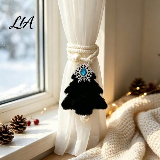 Christmas Party Scene Decorations Tree Curtain Tieback with Snowflake Pearl Decor, Fabric Xmas Adjustable Rope Ties Drape Holder, Tie for Window Home