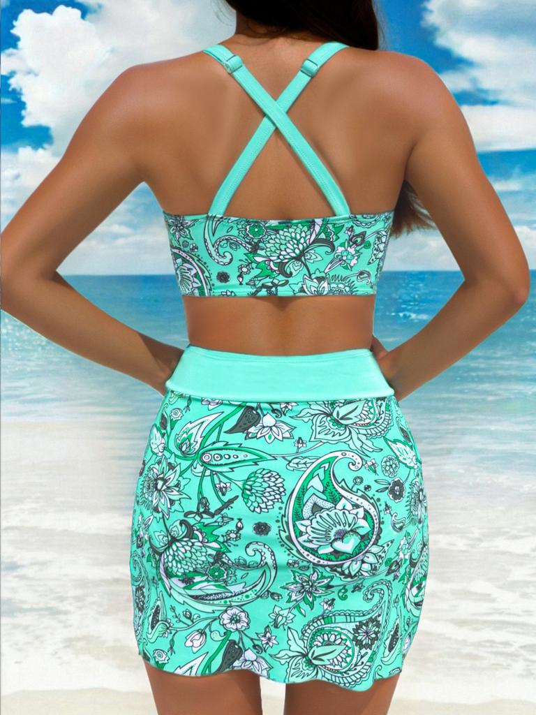 Bikini Due Pezzi Stampa Coulisse Vita Alta Taglie Forti Set Tre Pezzi Elegante