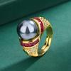 Hua Youmei Gold Plated Luxury Pearl Finger Ring Enamel Zircon Tahitian Grey