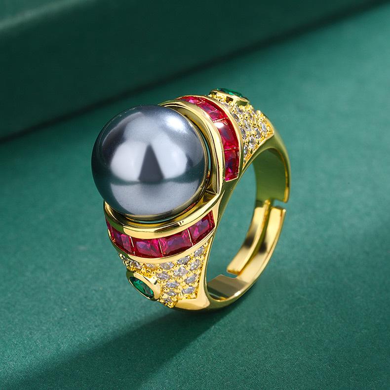 Hua Youmei Gold Plated Luxury Pearl Finger Ring Enamel Zircon Tahitian Grey