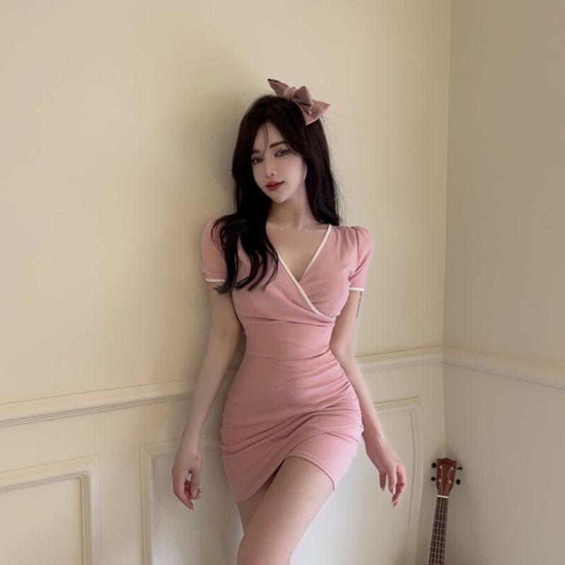 Night Main Store Overalls Dresses Women s Spice Girls Sexy V-Neck Low Chest Tight Pleated Irregular Hip Wrap Skirt S