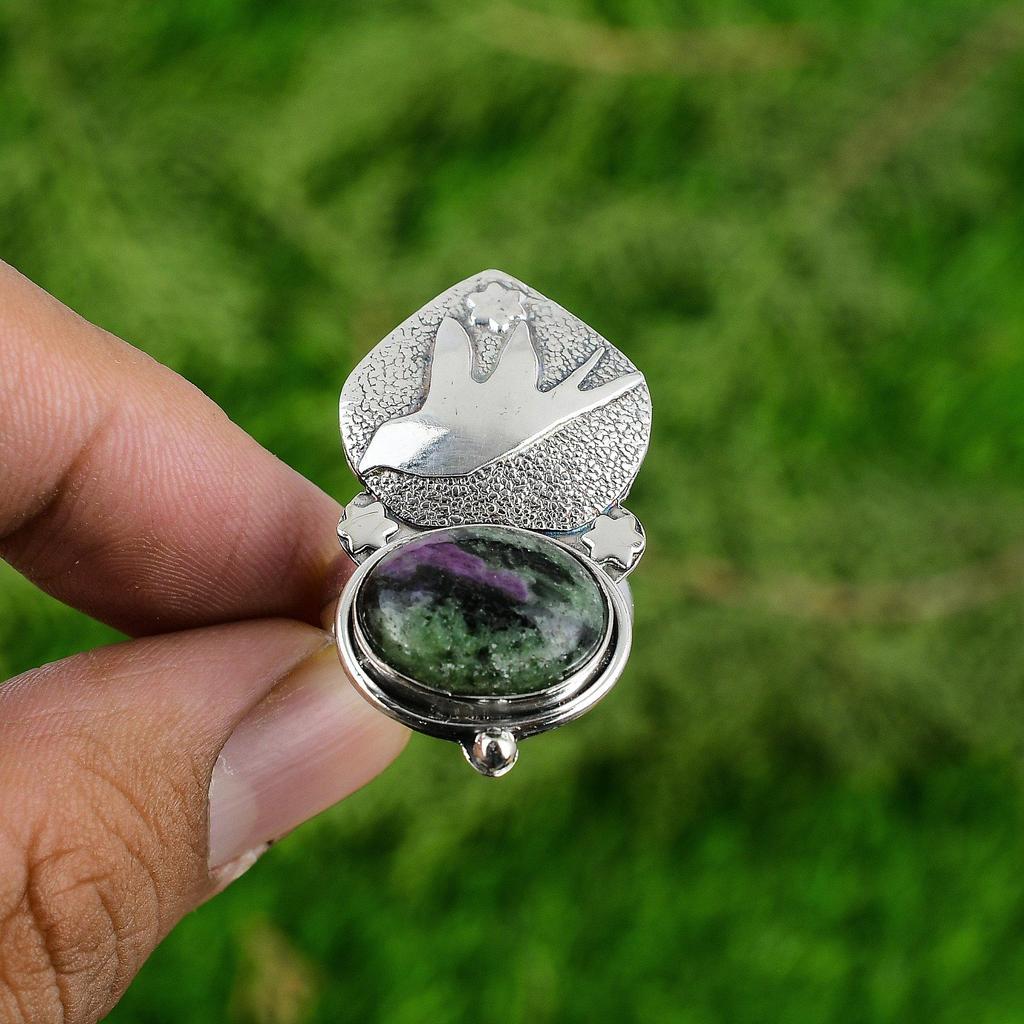 Gift For Women Stackable Bird Adjustable Ring 925 Silver Natural Ruby Zoisite