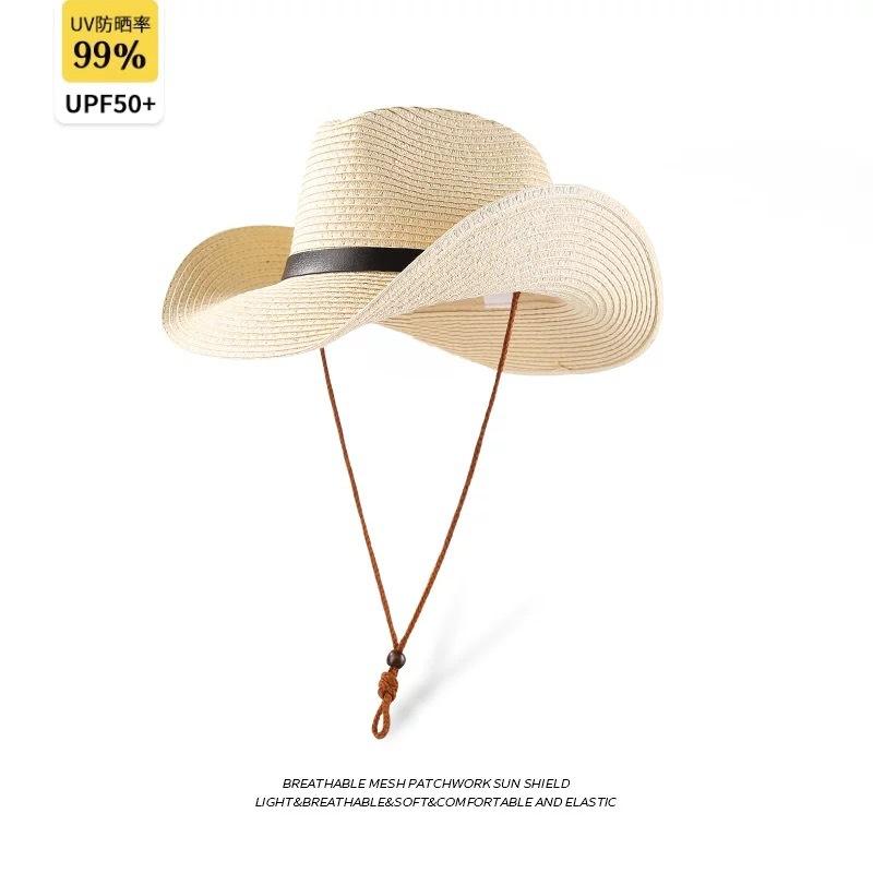 Straw Men's & Women's Adjustable Wide-Brim UV-Protective Cowboy Hat for Outdoor Hiking Summer