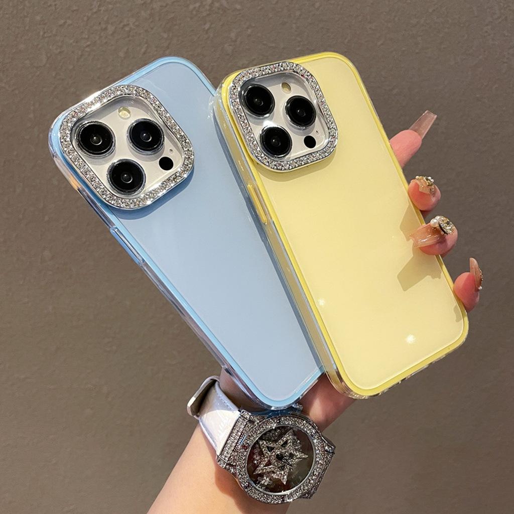 Jelly solid color mobile phone case is suitable for Apple 16promax large hole material TPU electroplated rhinestone iPhone14 set