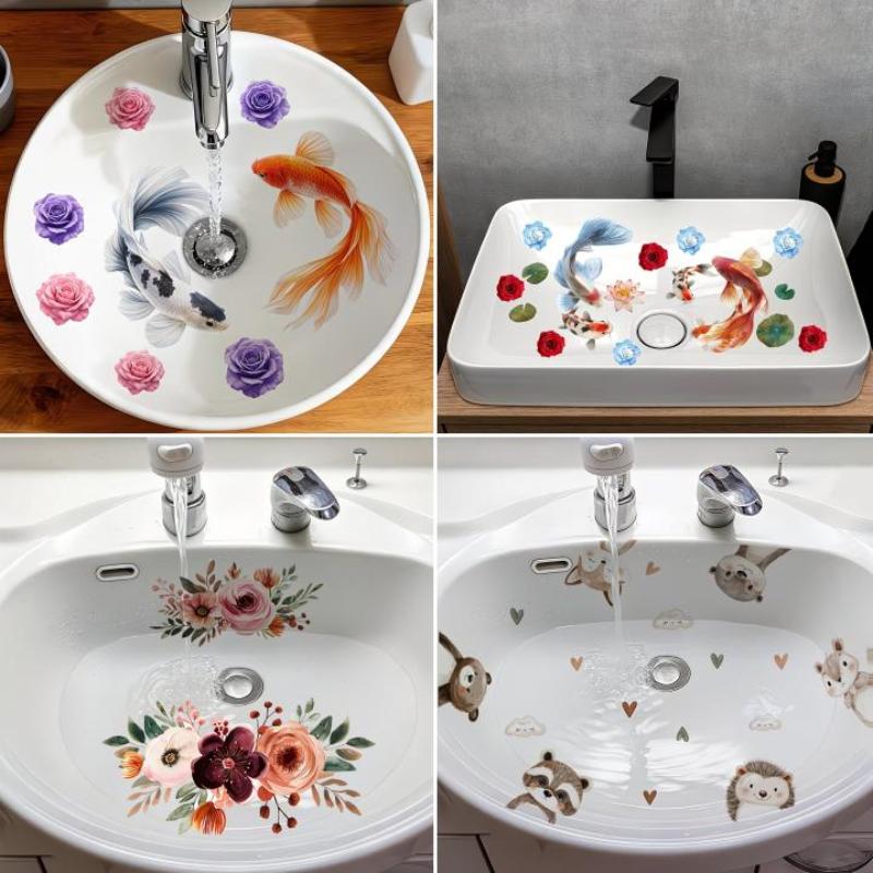 Lucky Koi And Floral Washbasin Sticker Self-Adhesive Waterproof Removable Bathroom Sticker, Wall Bathroom Sink Decal Home Decor