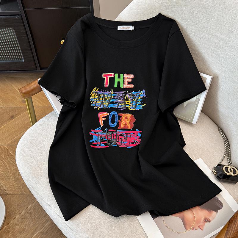 Plus Size Women's Loose Mid-Length Short-Sleeve Round Neck T-shirt (200/300/350 jin)