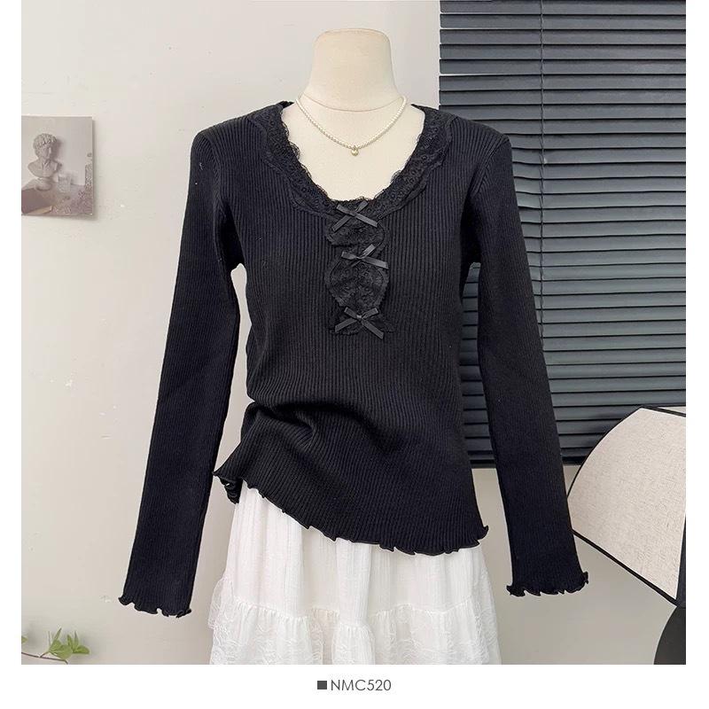 Korean Lace Trim Knit Top Spring New Slim Fit Base Layer Long Sleeve Soft Touch Shirt