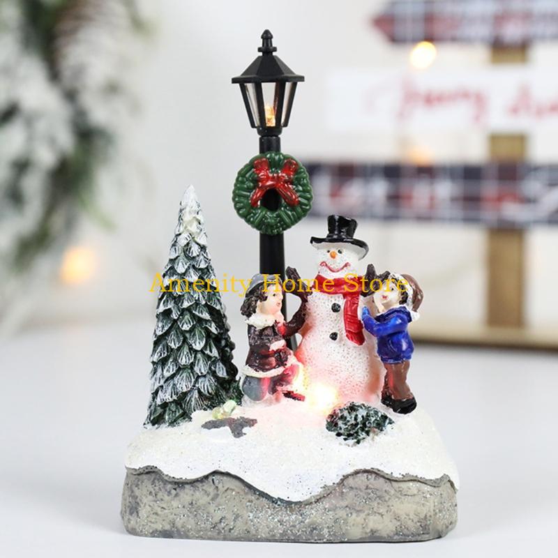 F26C Christmas Village Scene Xmas Tree Snowman Resin Ornament with LED Light Animated Street Lamp Miniature Statue Decoration