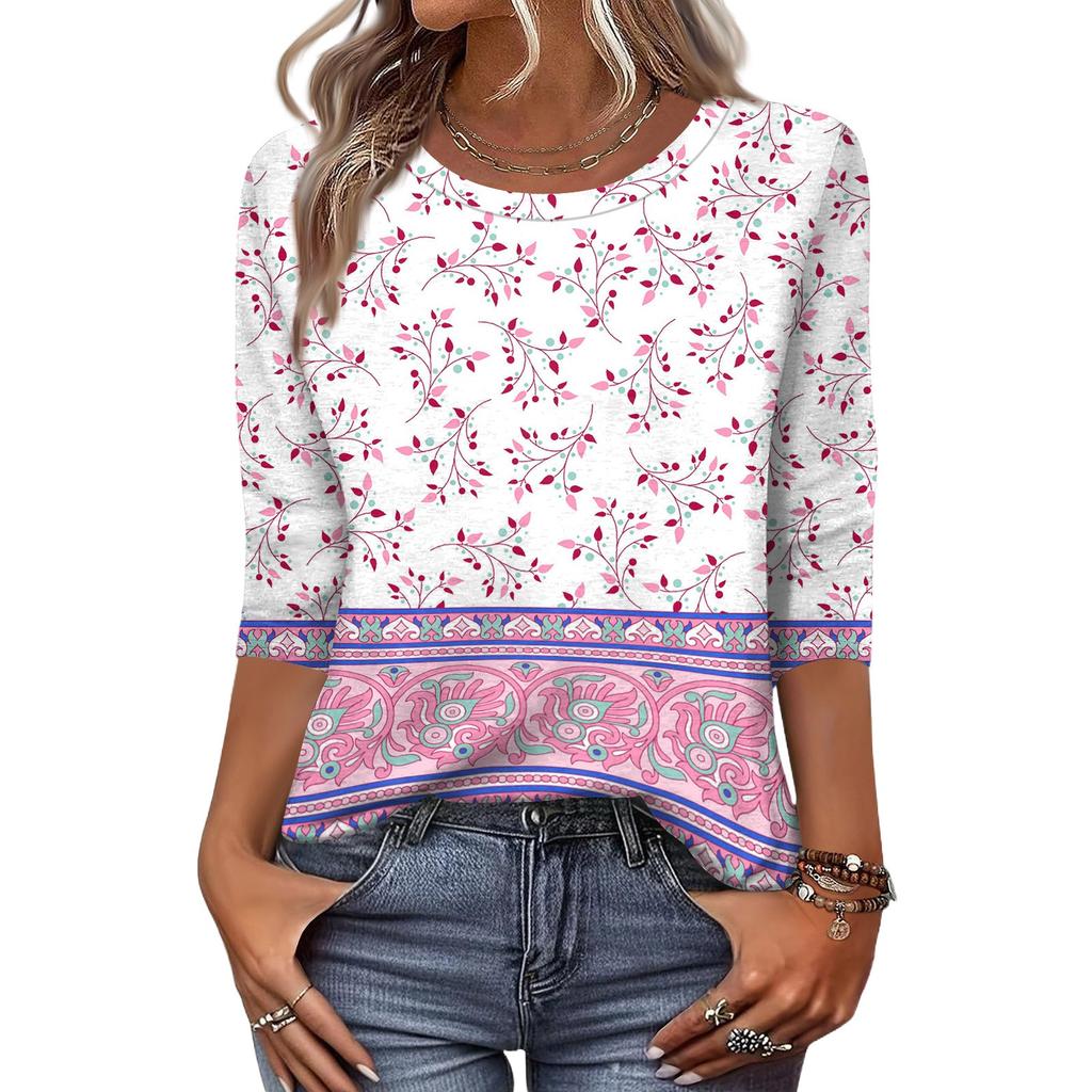Mote Casual Rund Hals 3/4 Erme Løs Trykket T-skjorte Dame Topp