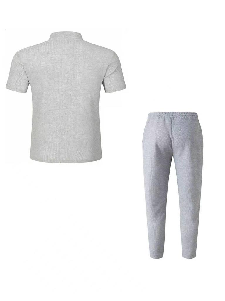 2026 Men's European & American Summer Henley T-Shirt + Drawstring Pants Set