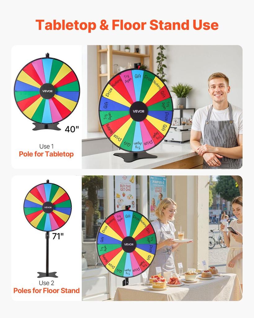 914 mm Spinning Prize Wheel, 18 Slots Spinning Wheel with Stand, Adjustable Height Win Fortune Roulette with a Dry Erase and 2 Markers, 6 Colors, Easy