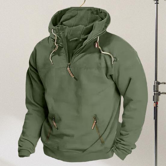 Yousheng Men Fall Winter Hoodie with Pocket Drawstring Half Zipper Hooded Vintage Style Long Sleeves Solid Color Mid Length Loose Casual Daily Top