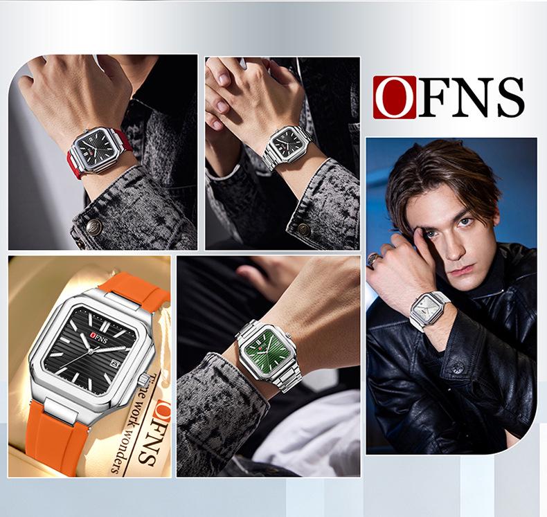 OFNS Luminous Square Steel Band Quartz Watch with Calendar
