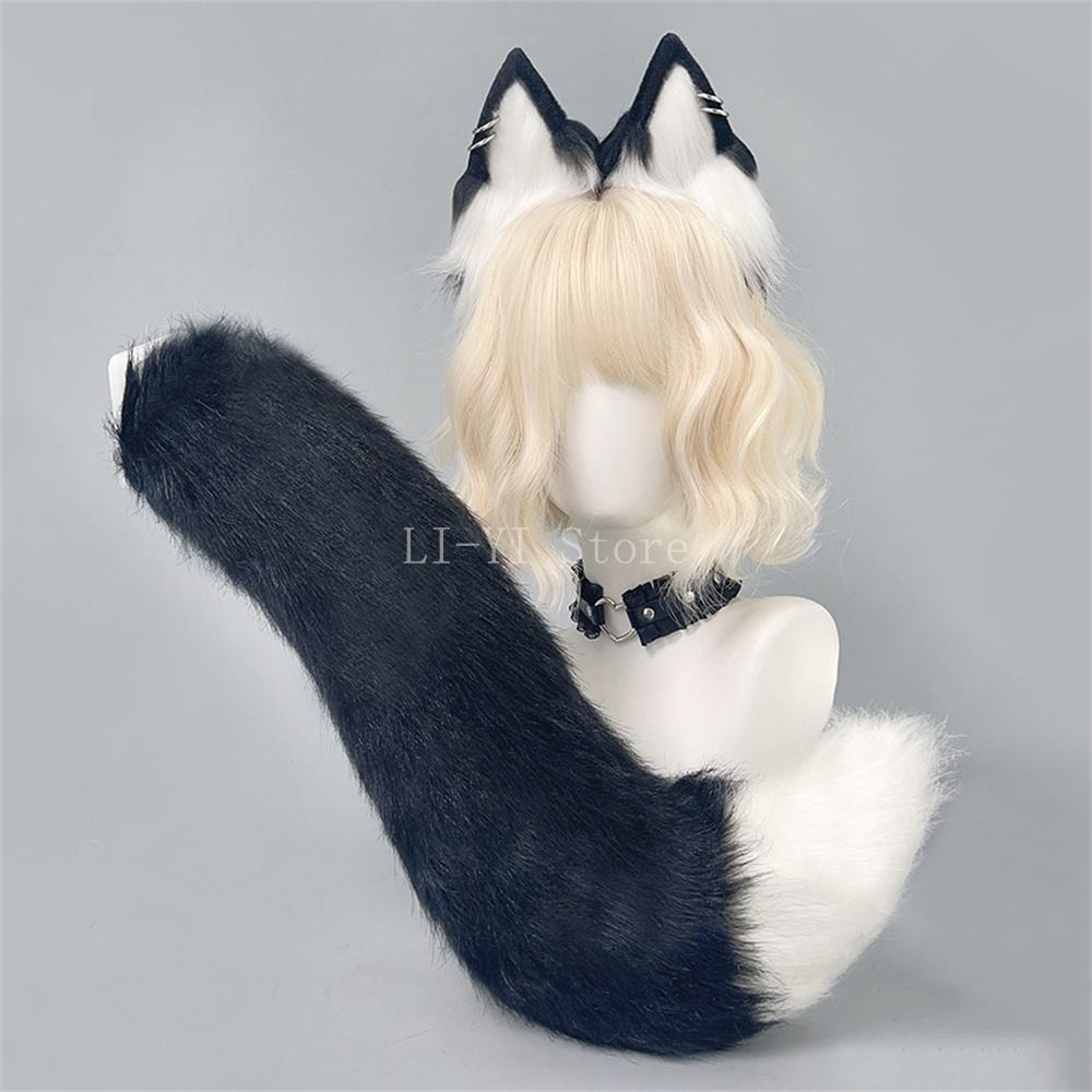 Fluffy Fox Wolf Dog Ears Tail Set Plush Halloween Costume Accessories Cosplay Anime Convention Game Role Play For Festival