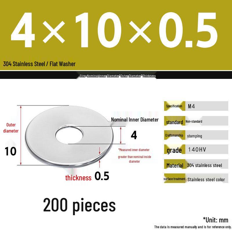 304 Stainless Steel Thickened Flat Washer Set, Sizes 2-36