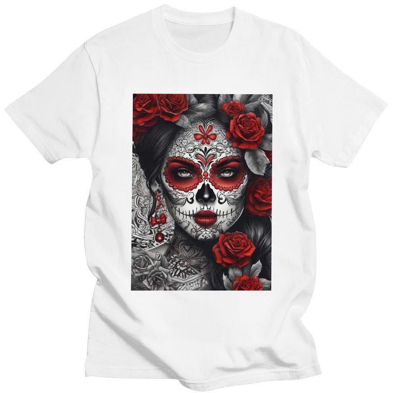 Custom Mexican Catrina Sugar Skull Lady Tshirt for Men Short Sleeves Casual T Shirt Tshirts Slim Fit Pure Cotton Tees Gift