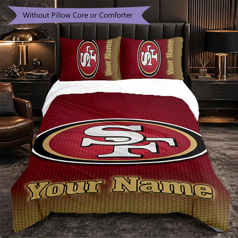 San Francisco 49ers Customized Name Text Bedding Set, 1 Duvet Cover & 2 Pillowcases Personalized Bedroom Gift
