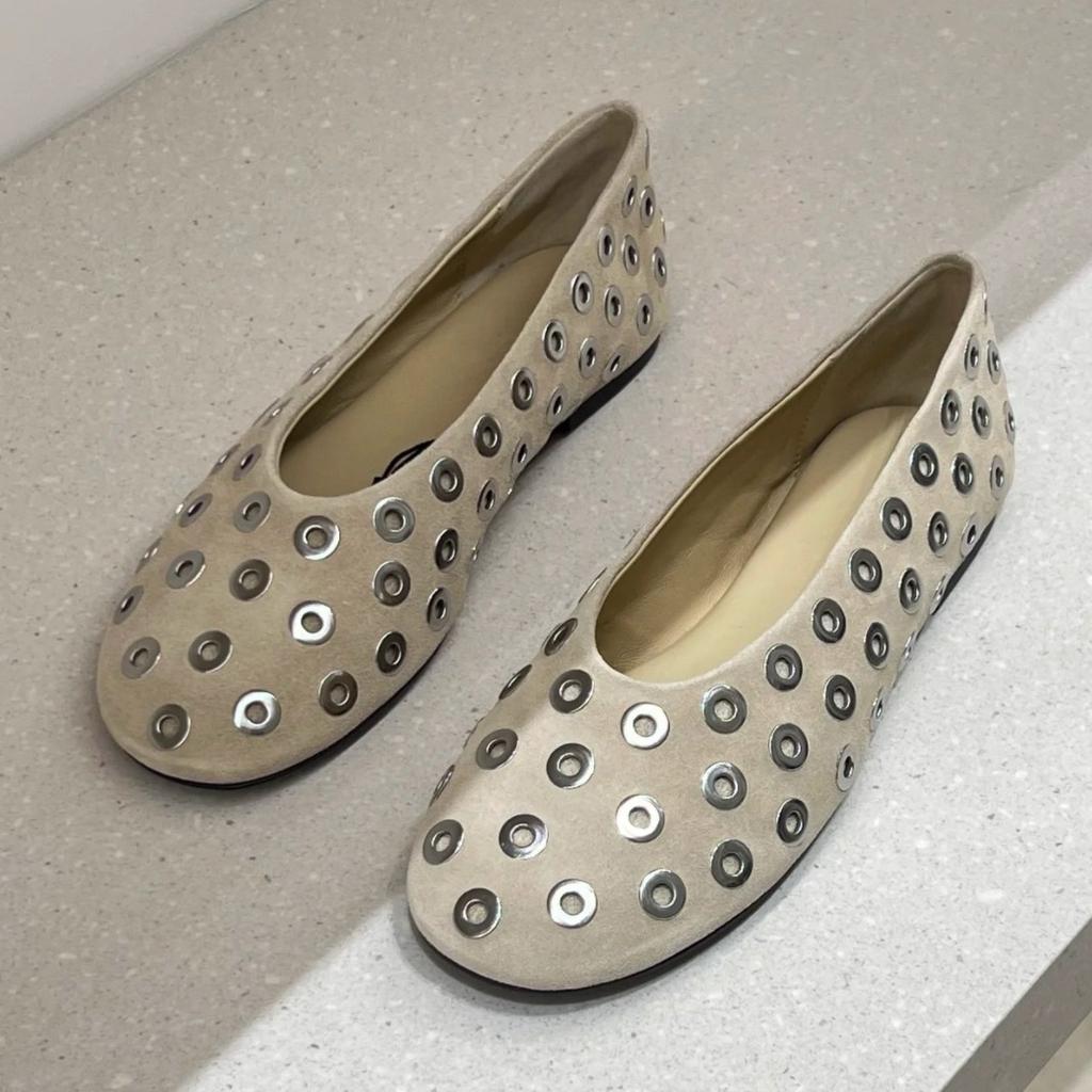 Cowhide version~ French niche design round head metal decoration fashion ballet flat shoes women's pedal cool single shoes