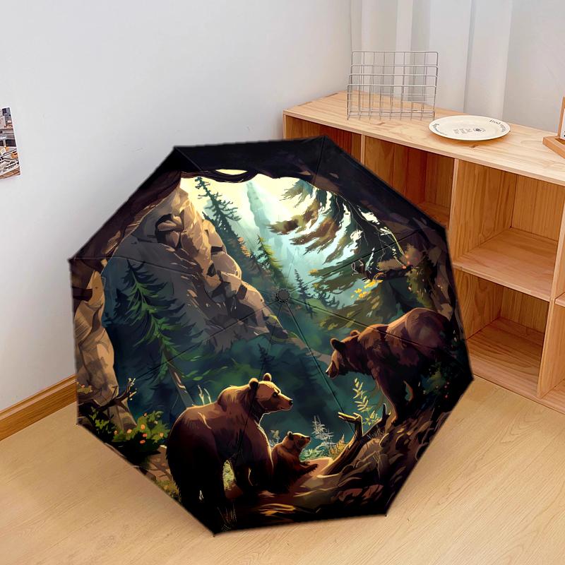 1 PC Automatic Folding Umbrella - Retro Brown Bear Pattern, Portable & Foldable Design with 8 Ribs, Christmas Birthday Gifts