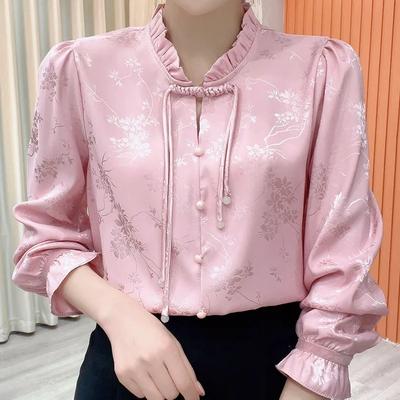 Chinese Style Elegant Loose-Fit Long Sleeve Satin Shirt for Women - Vintage Blouse