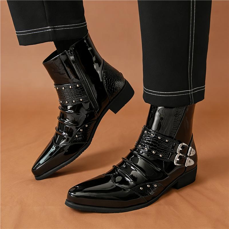 Winter Luxury New Men's Pointed Toe Punk Rock Belt Buckle Leather Casual Chelsea Ankle Boot High Top Monk Strap Hip-hop Shoes