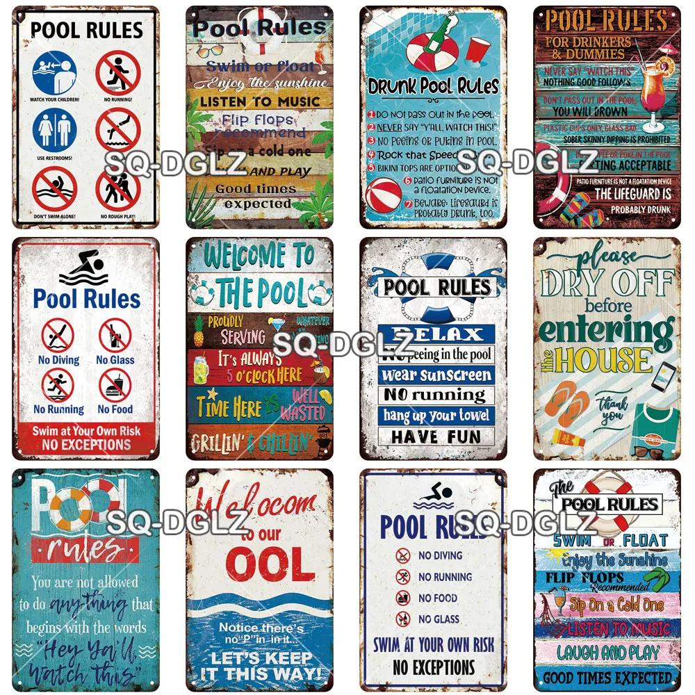 SQ-DGLZ Vintage Warning Pool Rules Metal Sign Plate Tin Sign Plate Home Bar Door Wall Decor Sticker Decoration Plaque Poster