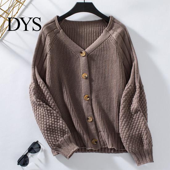Casual Women Cardigan Sweater Coat V-Neck Lantern Long Sleeve Single Knitwear Breasted Knitted Solid Color Loose Minimalist Design