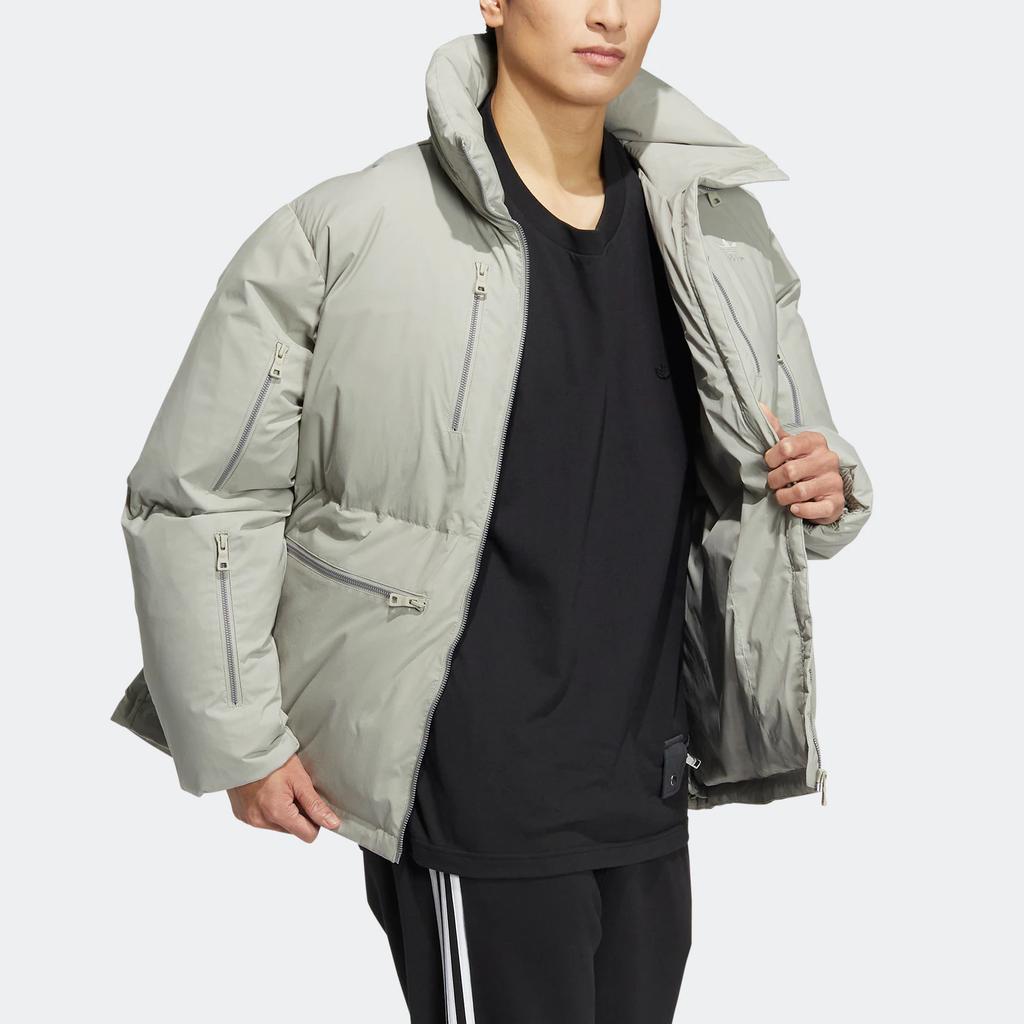 Adidas Originals Trefoil Premium Down Embroidered Logo Zip-Up Collar Goose Down Jacket Men Outerwear Gray HS7279