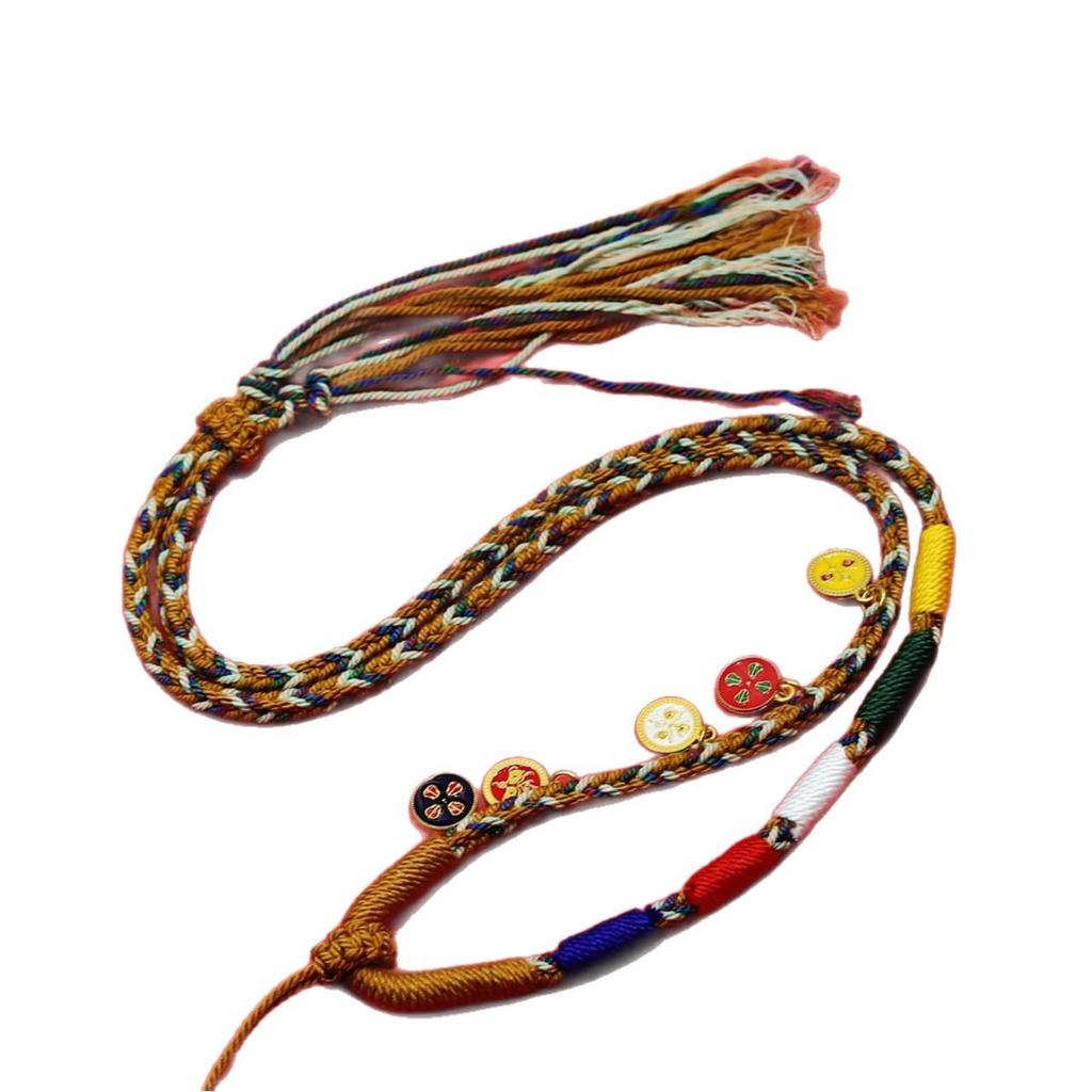 Eight-Strand Tibetan Handmade Necklace: Five Wealth Gods Amulet Pendant Rope with Thangka Hanging.