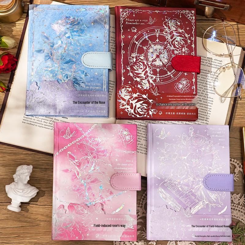 Rose Butterfly Laser Stamped Notebook with Magnetic Buckle - Retro Style Student Diary