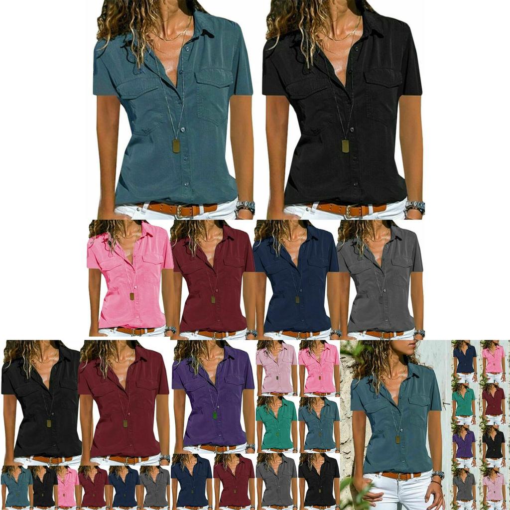 Women V Neck Short Sleeve Shirt Blouse Ladies Summer Tshirt Tops Tee Size Plus