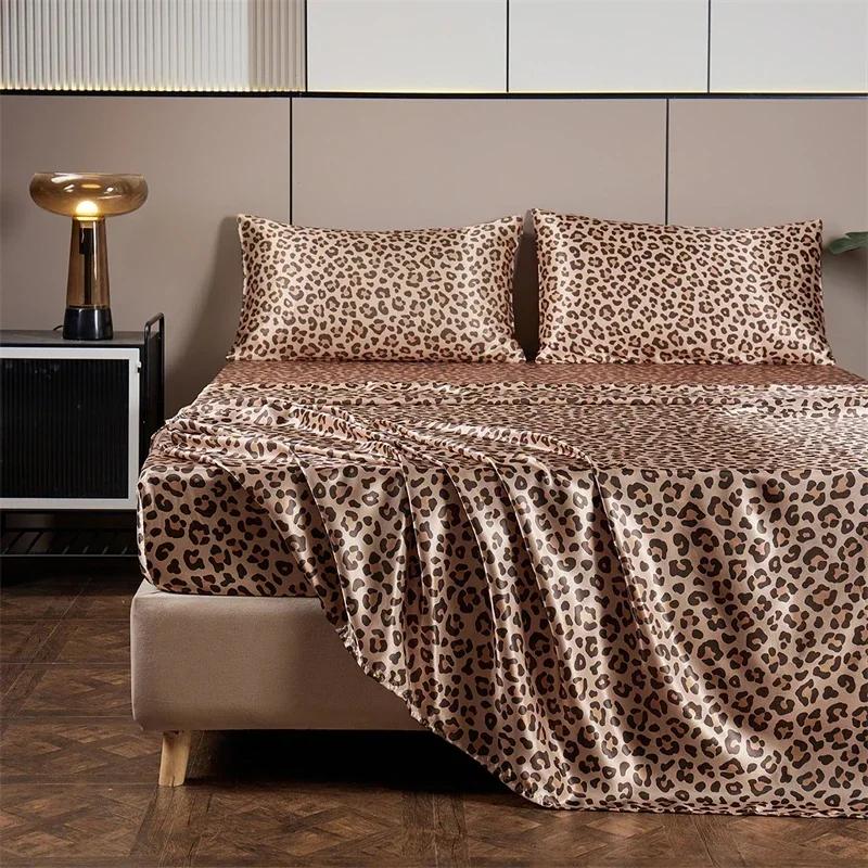 

New Satin Fabric Leopard Print Bed Sheet Set Queen High-end Fitted Sheet Flat Sheet Pillowcase Bed Set King Size Bedsheet Sets US Twin size 3 pcs золотий