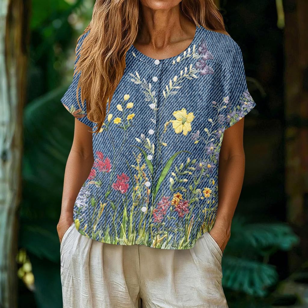 Womens Casual Henley Neck Button Down Floral Print Top Short Sleeve Lightweight Blouse for Summer Spring