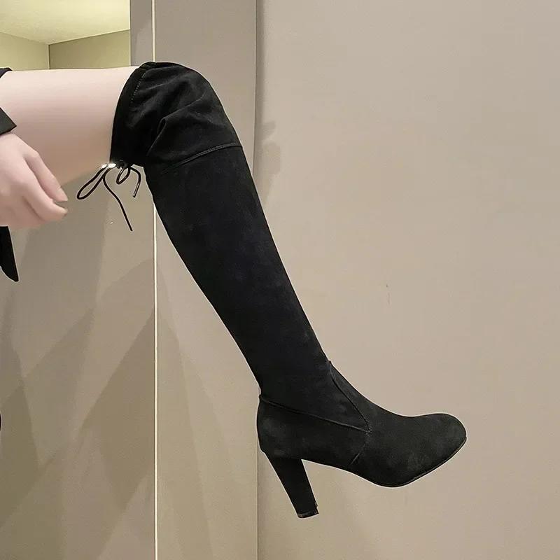 Women Black Over The Knee Boots Women Autumn Winter Sexy Transparent High Heels Long Boots Woman Slip on Sock Botas Plus Size 43